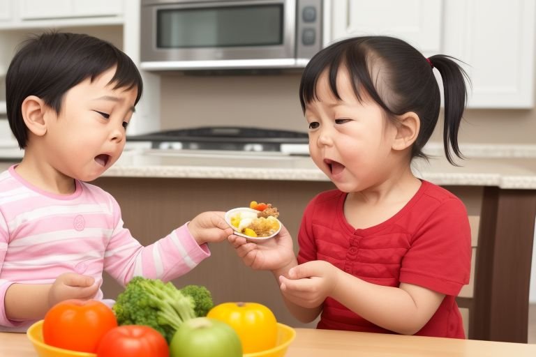 Create an image of a frustrated parent offering a variety of foods to a resistant 16-month-old, with the child's face scrunched up in disapproval. The parent looks exasperated. --v 5.2 --ar 16:9
